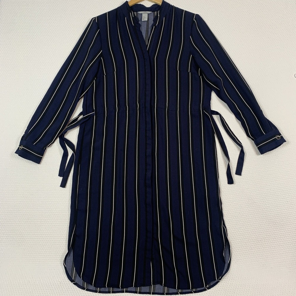 H&M Striped Shirt Dress Womens 10 Blue Black White Long Sleeve Midi Tie Front